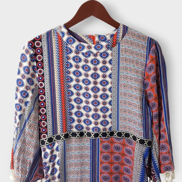 Valija Medallion Print Patchwork Flare Sleeve Mini Dress Medium Multicolor Boho - Picture 2 of 14